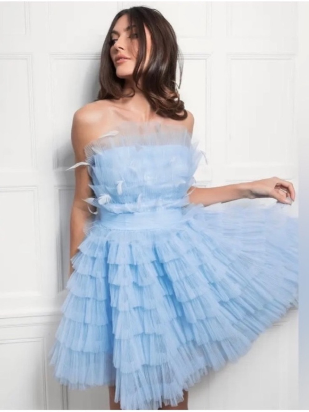 Mac Duggal 20529 Powder Blue Feather Strapless Tulle Fit & Flare Dress NWT 12 - Picture 3 of 16